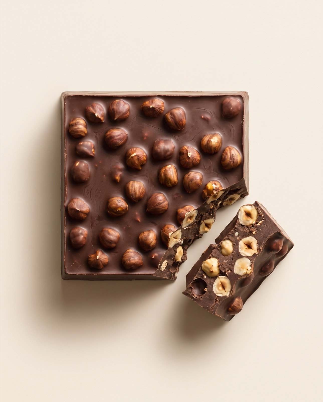 Blocco di gianduia con nocciole intere, un pezzo spezzato