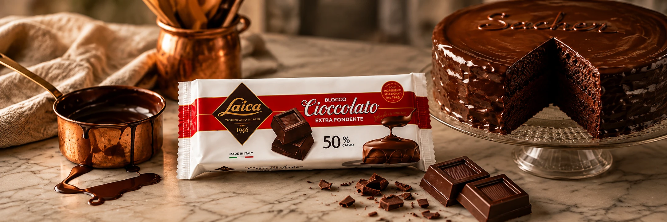 Blocco di cioccolato extra fondente Laica per pasticceria con torta Sacher