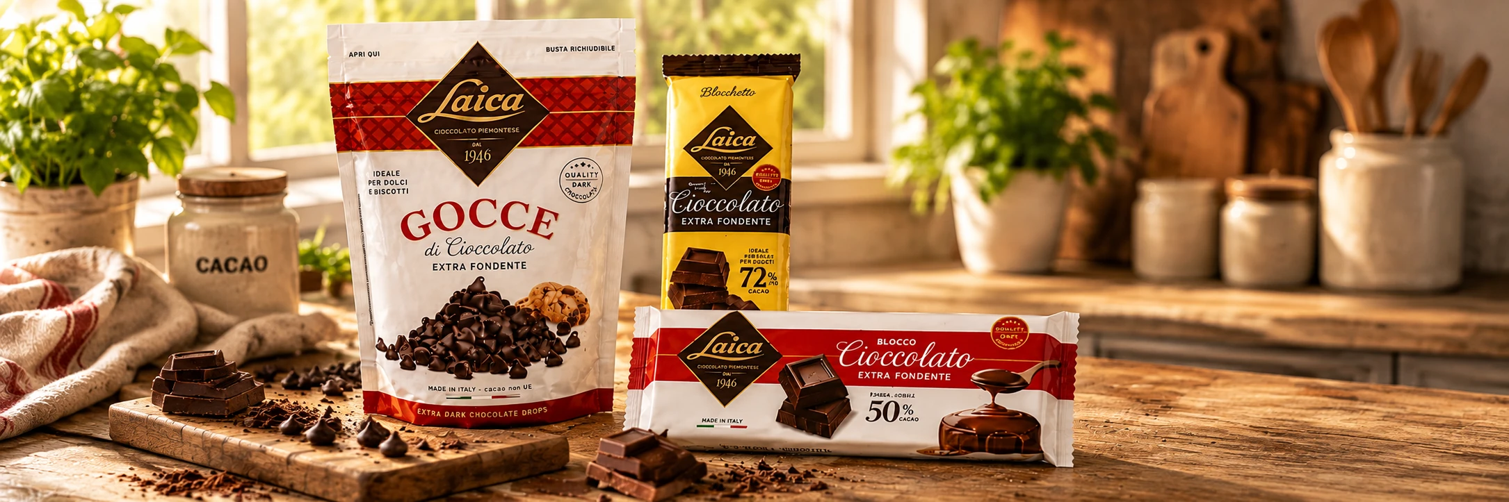Linea Cucina Laica: gocce di cioccolato, blocchetto e blocco