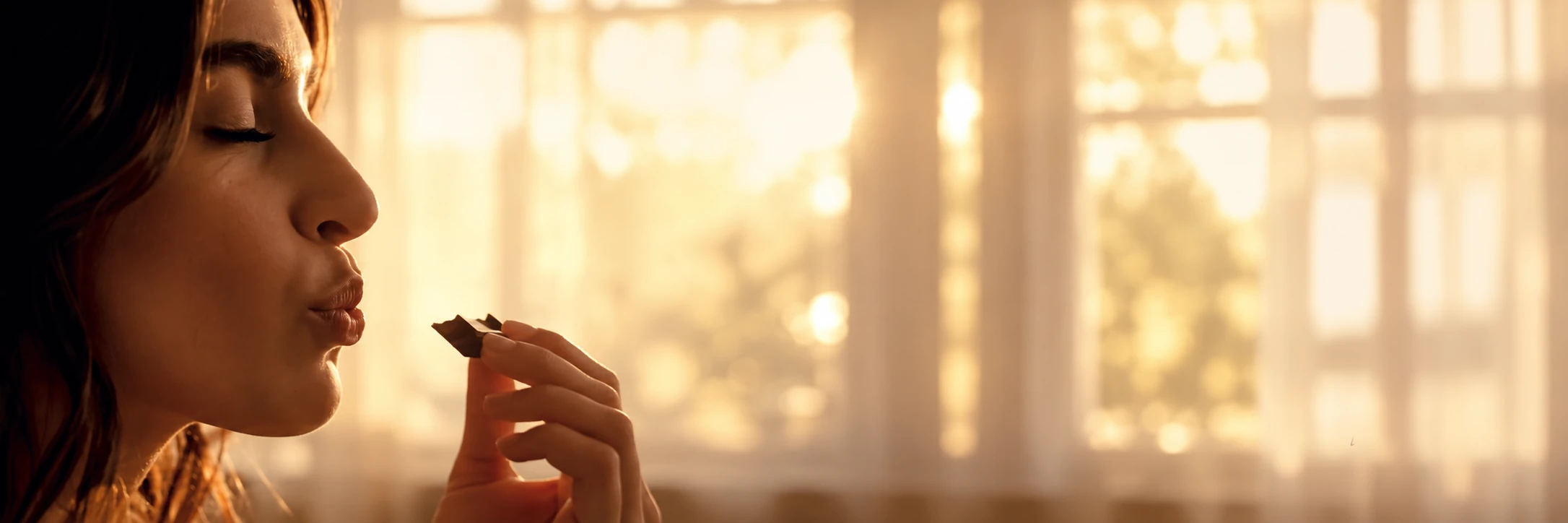 A woman savours a piece of Laica chocolate, letting it melt in her mouth