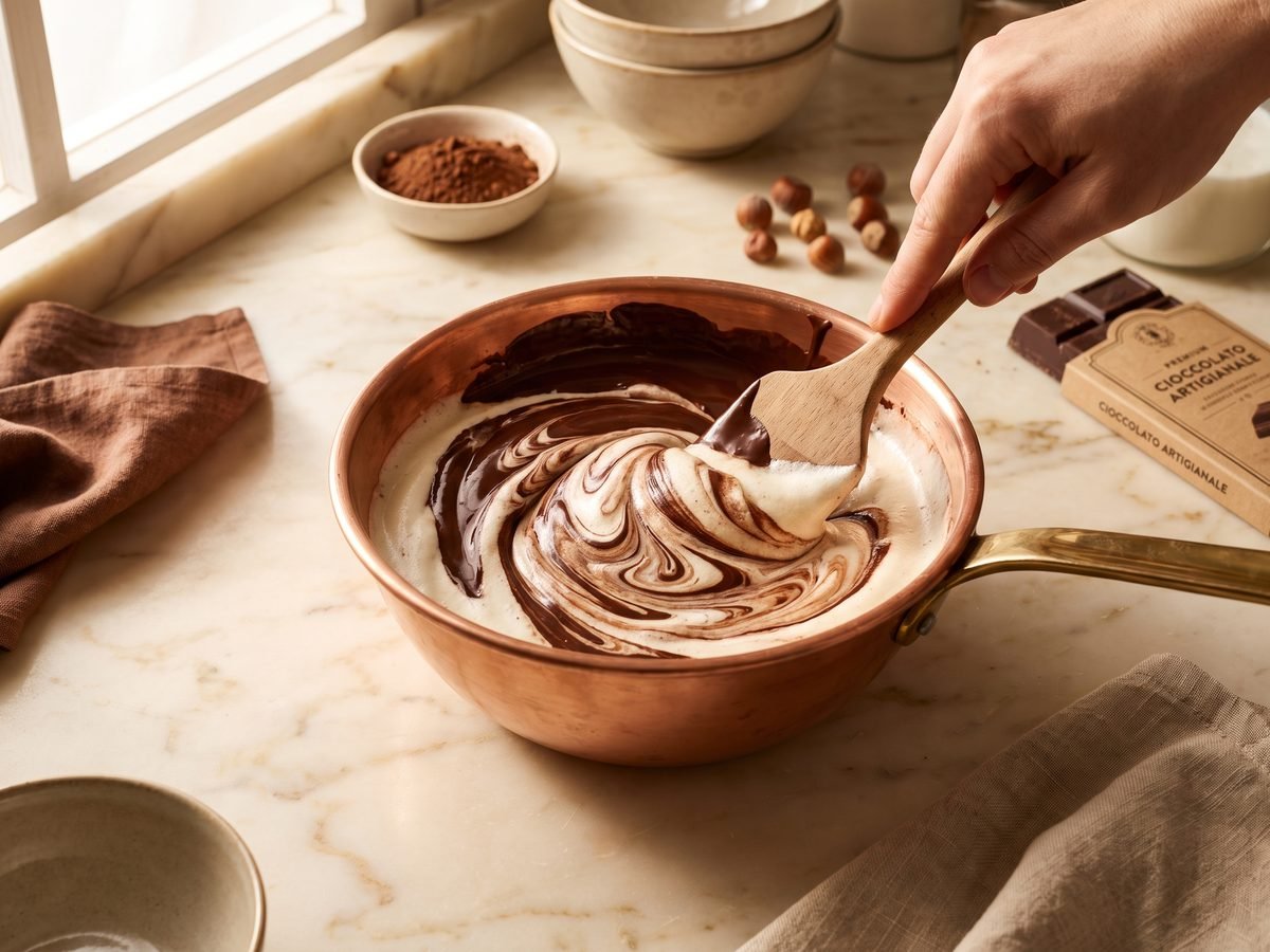 Melted chocolate poured into the batter