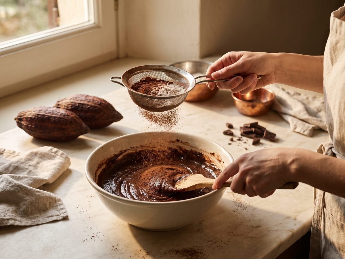 Flour and cocoa sifted into the batter