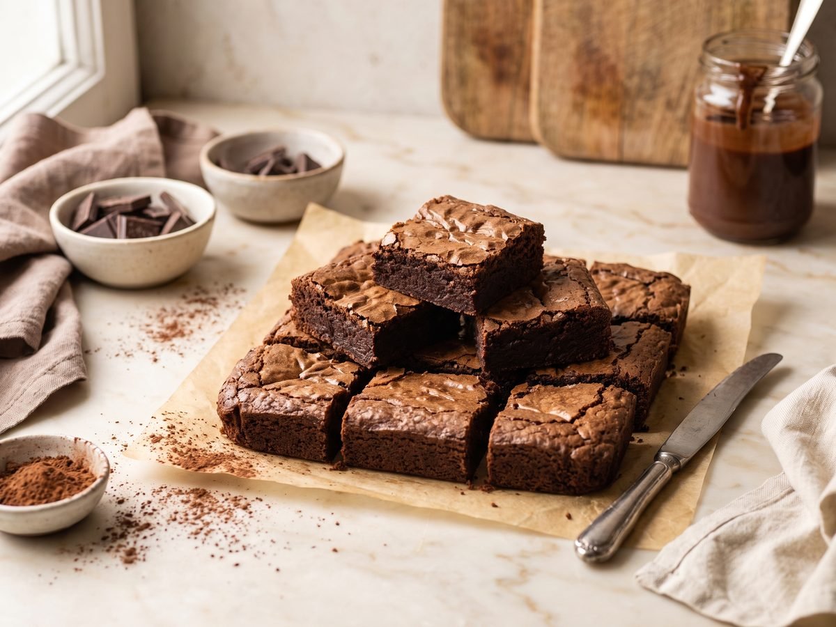 Freshly baked brownies cut into squares