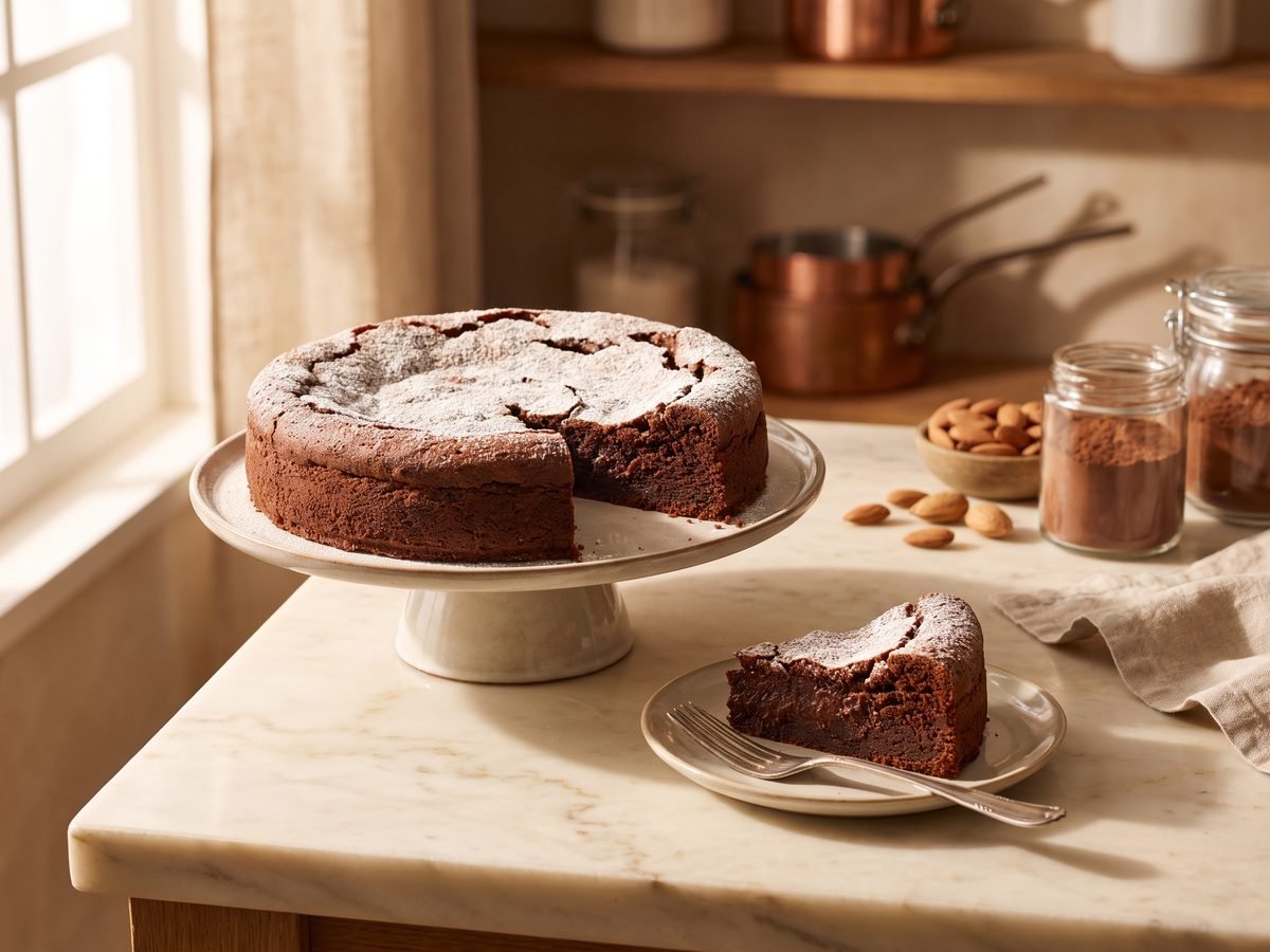 Freshly baked Caprese cake dusted with icing sugar