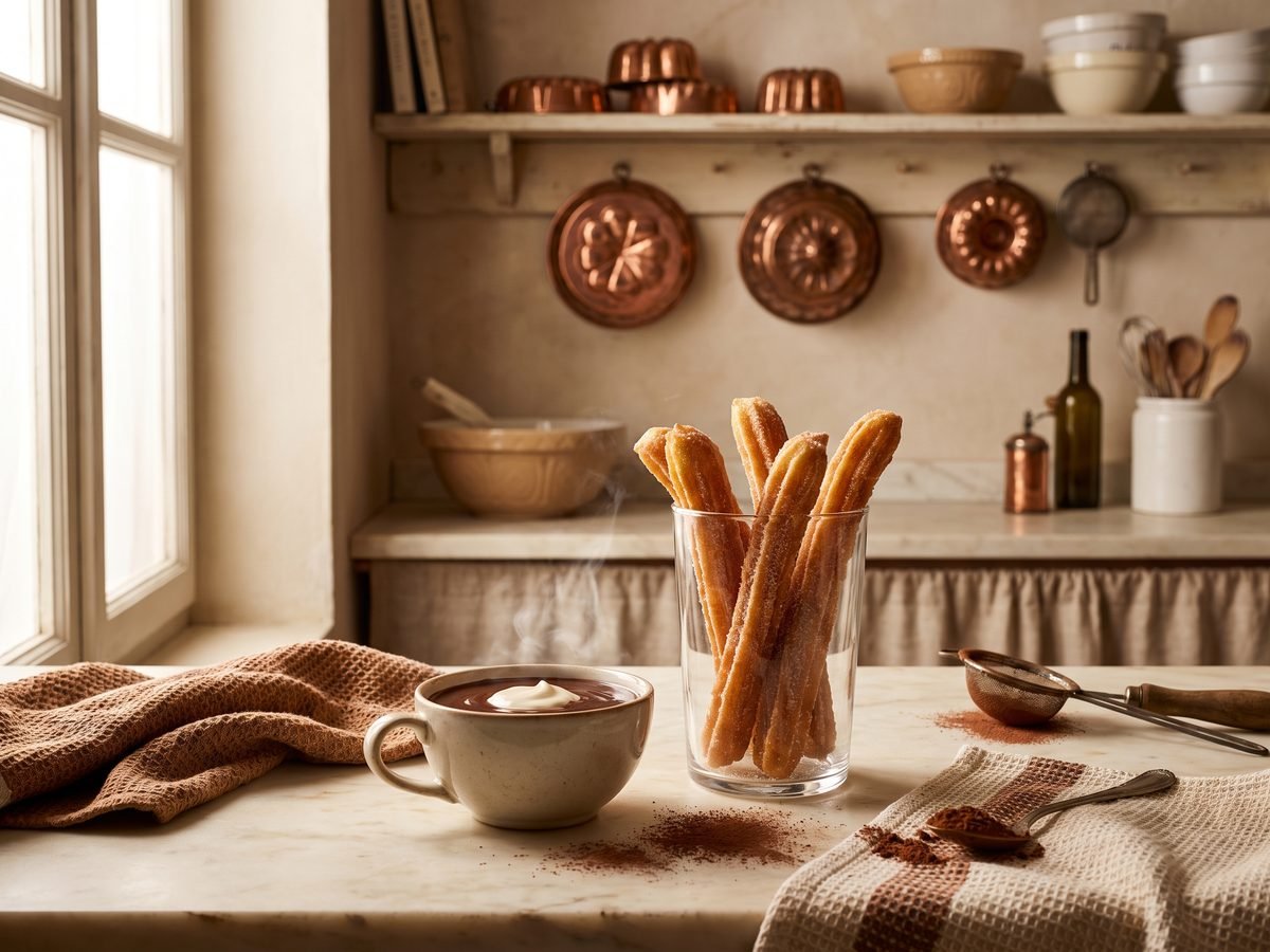 Churros served with chocolate sauce