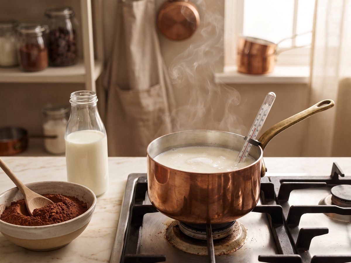 Milk, cream and cocoa base on the hob