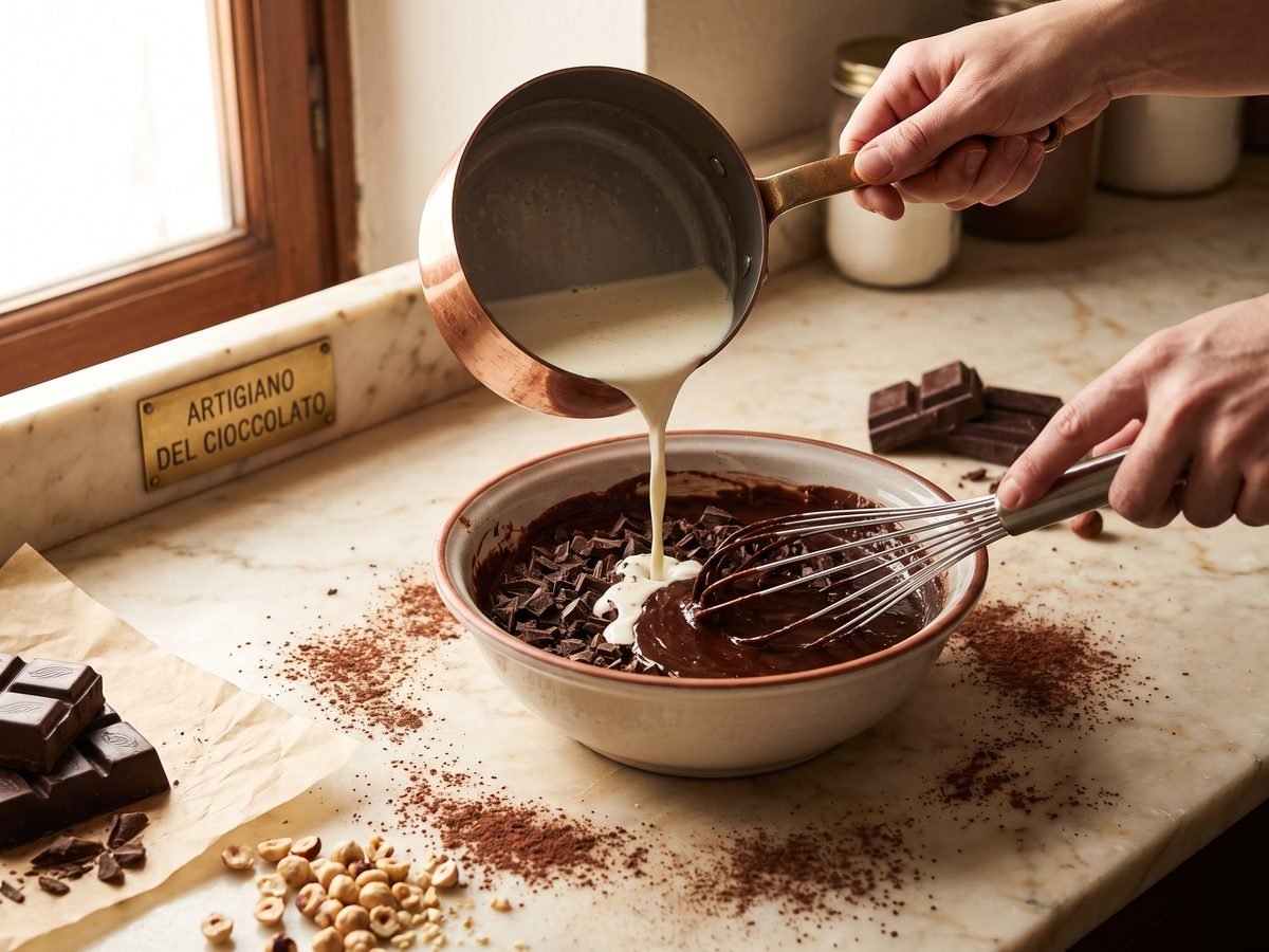 Emulsion of melted chocolate and hot base