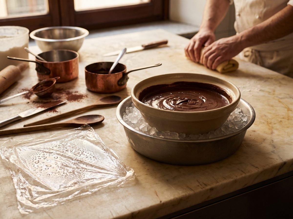 Gelato base covered with cling film pressed onto the surface