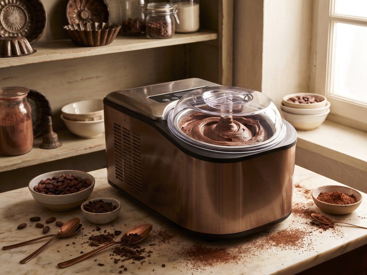 Chocolate gelato being churned