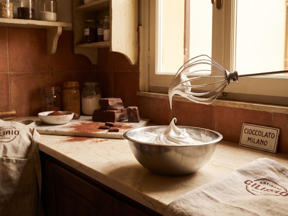 Glossy egg whites whisked to stiff peaks