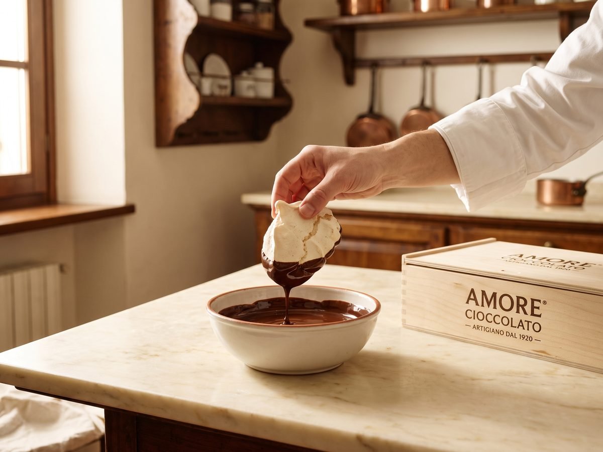 Meringues with their bases dipped in chocolate