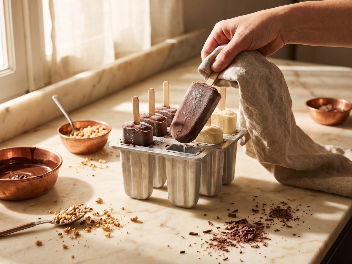 Unmoulded ice cream sticks on a tray