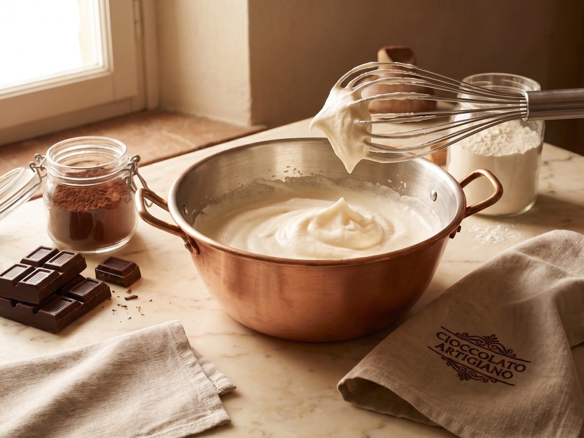 Eggs and sugar whisked until pale and fluffy
